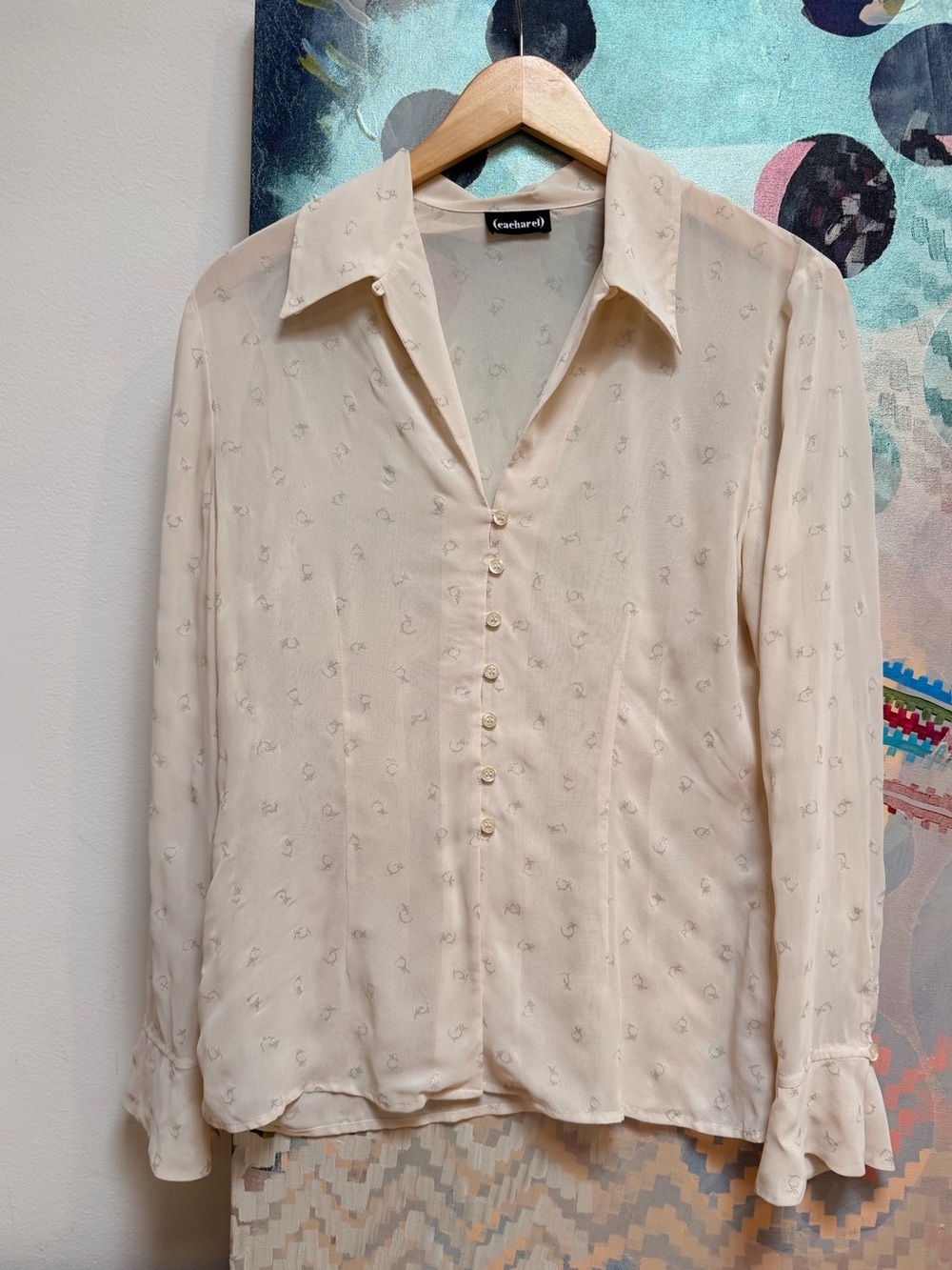 CACHAREL Y2K era Sheer Beige Metallic Print Viscose Blouse Top Sz Small
